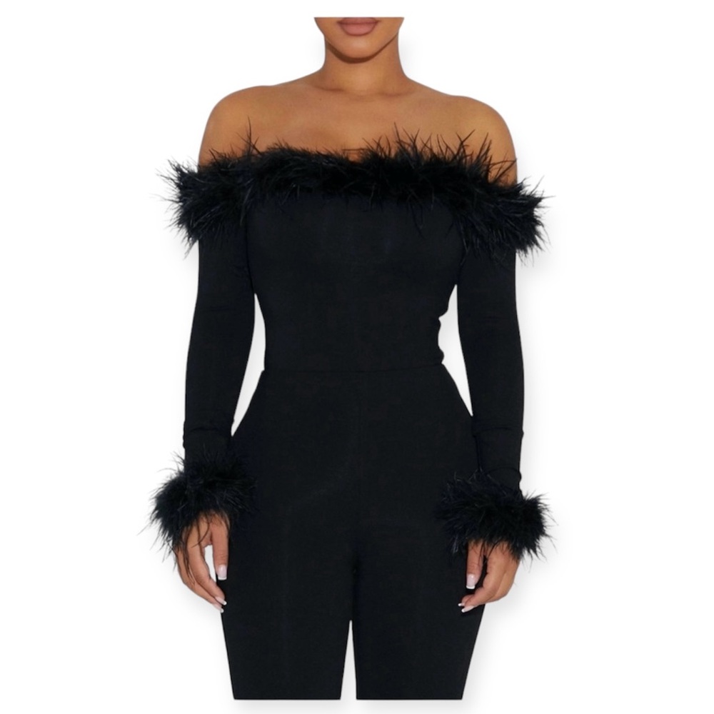 Naked Wardrobe Black Feather Trim Bodysuit